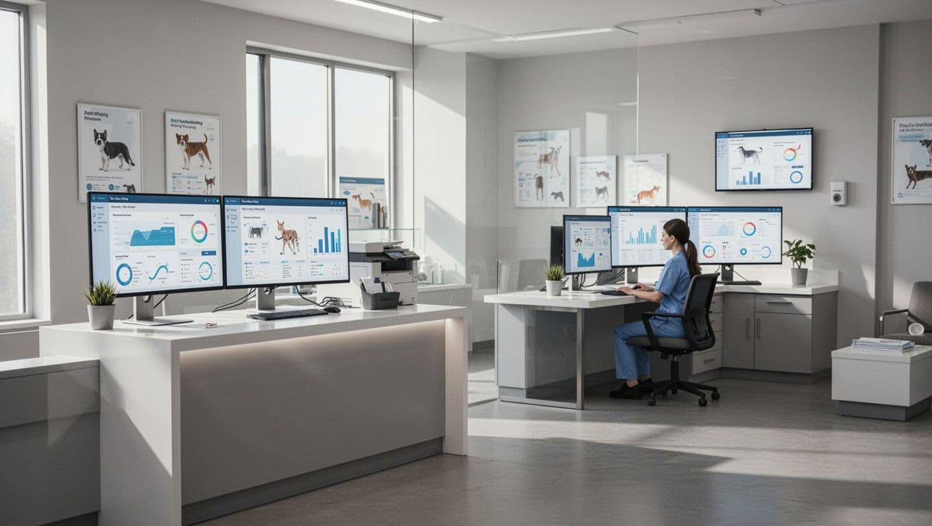 A veterinary clinic workspace with dashboard monitors and one staff member working in the background.