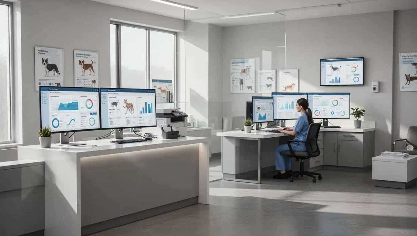A veterinary clinic workspace with dashboard monitors and one staff member working in the background.