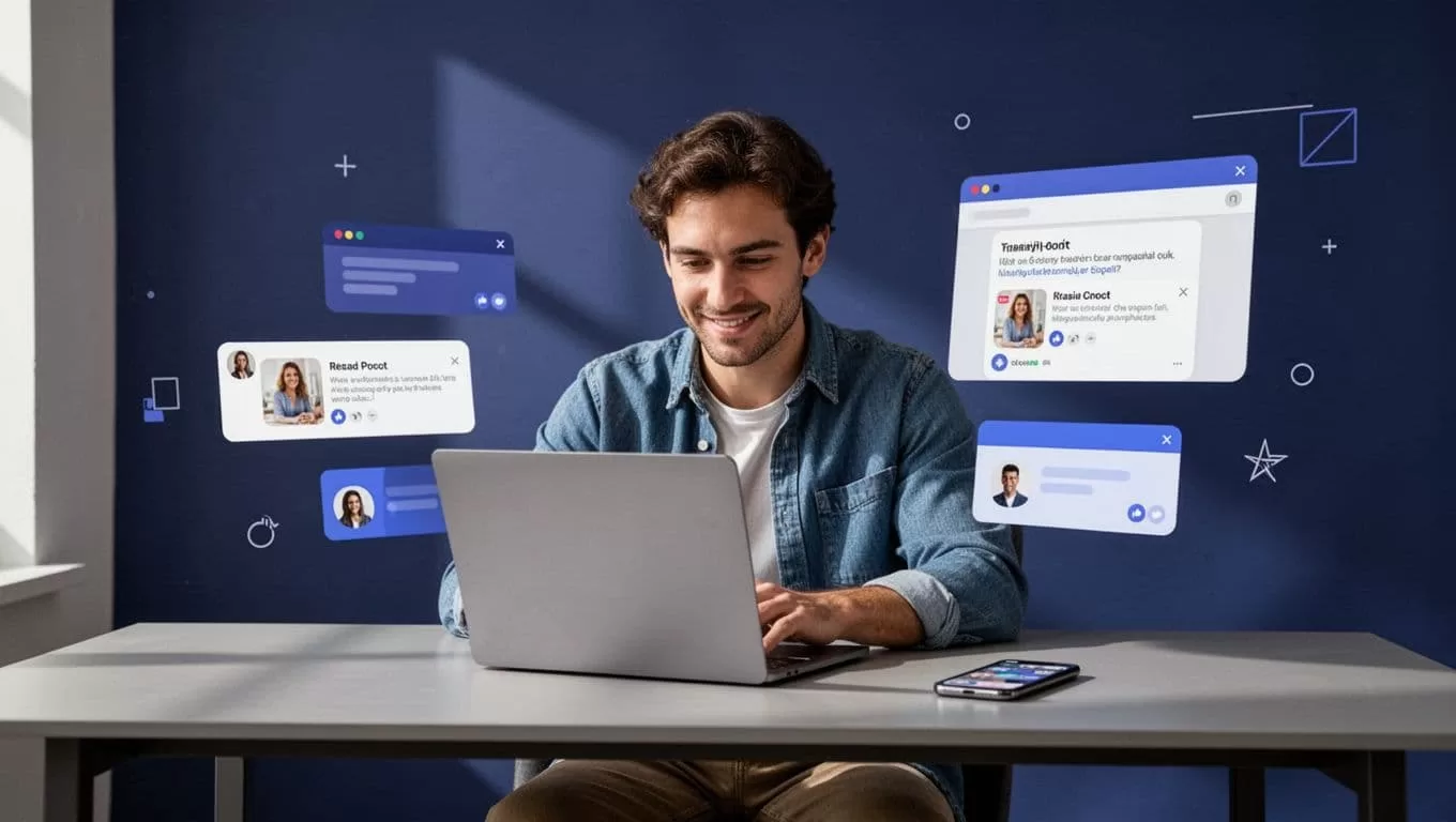 A marketer uses a laptop and phone to research trending social content.
