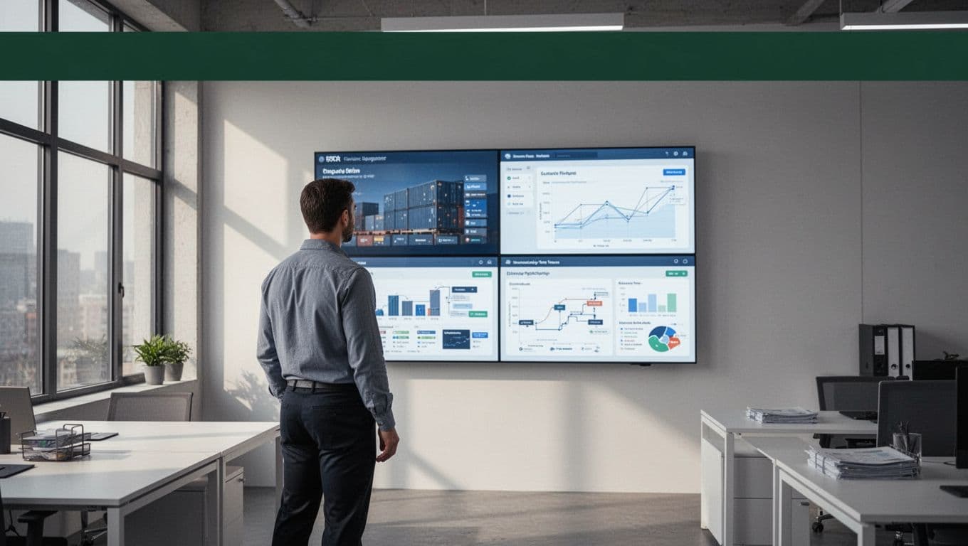 An operations manager reviews warehouse dashboards beneath a dark-green banner.
