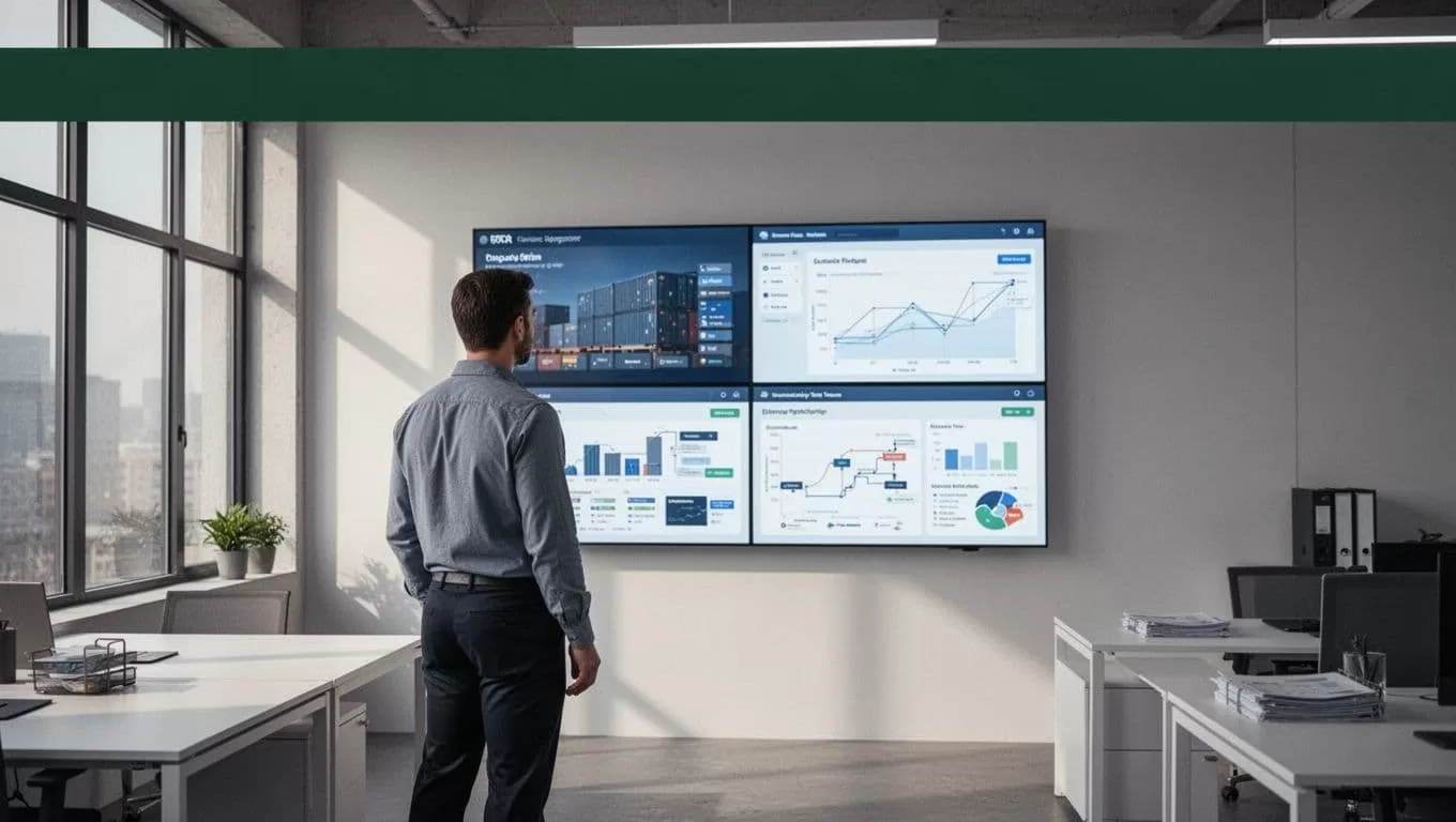 An operations manager reviews warehouse dashboards beneath a dark-green banner.