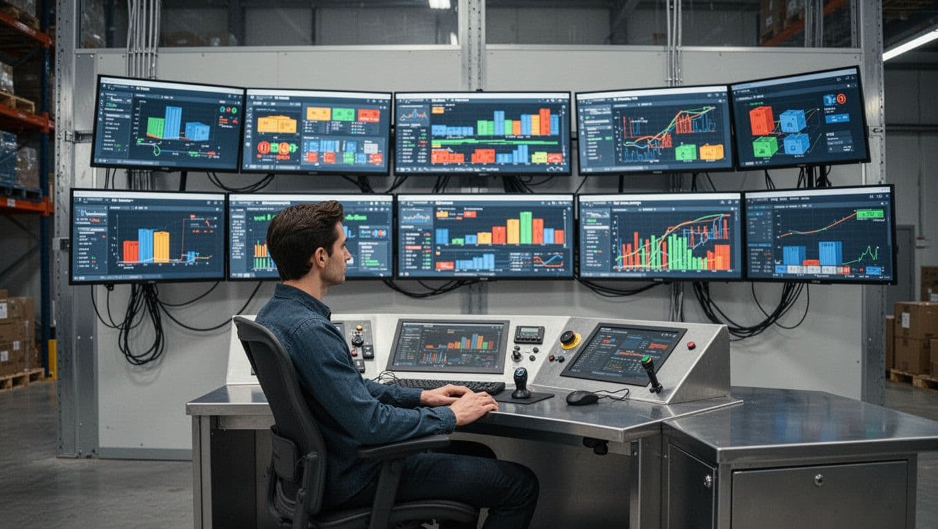 One person monitors logistics dashboards in a modern warehouse control room.