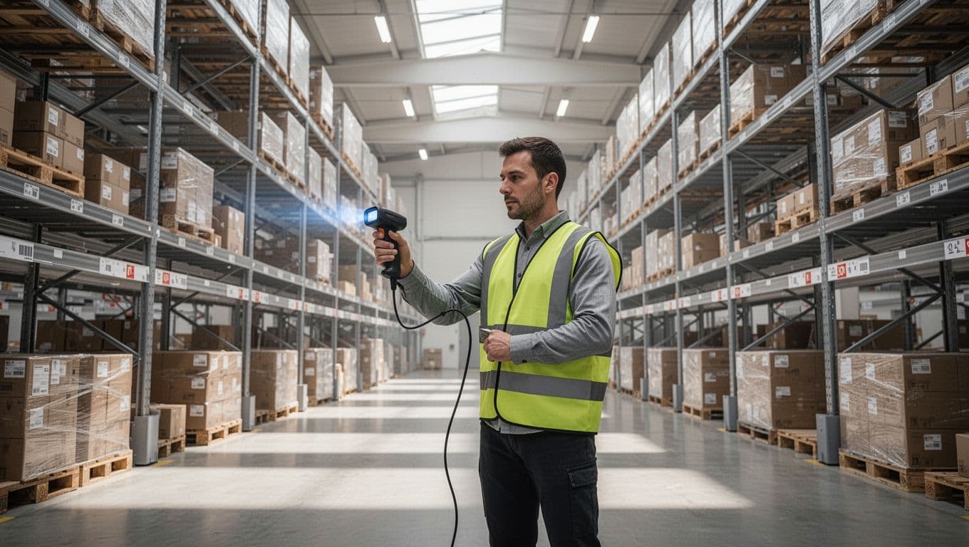 A warehouse operator scans cartons with a handheld device beneath a dark-green headline band.