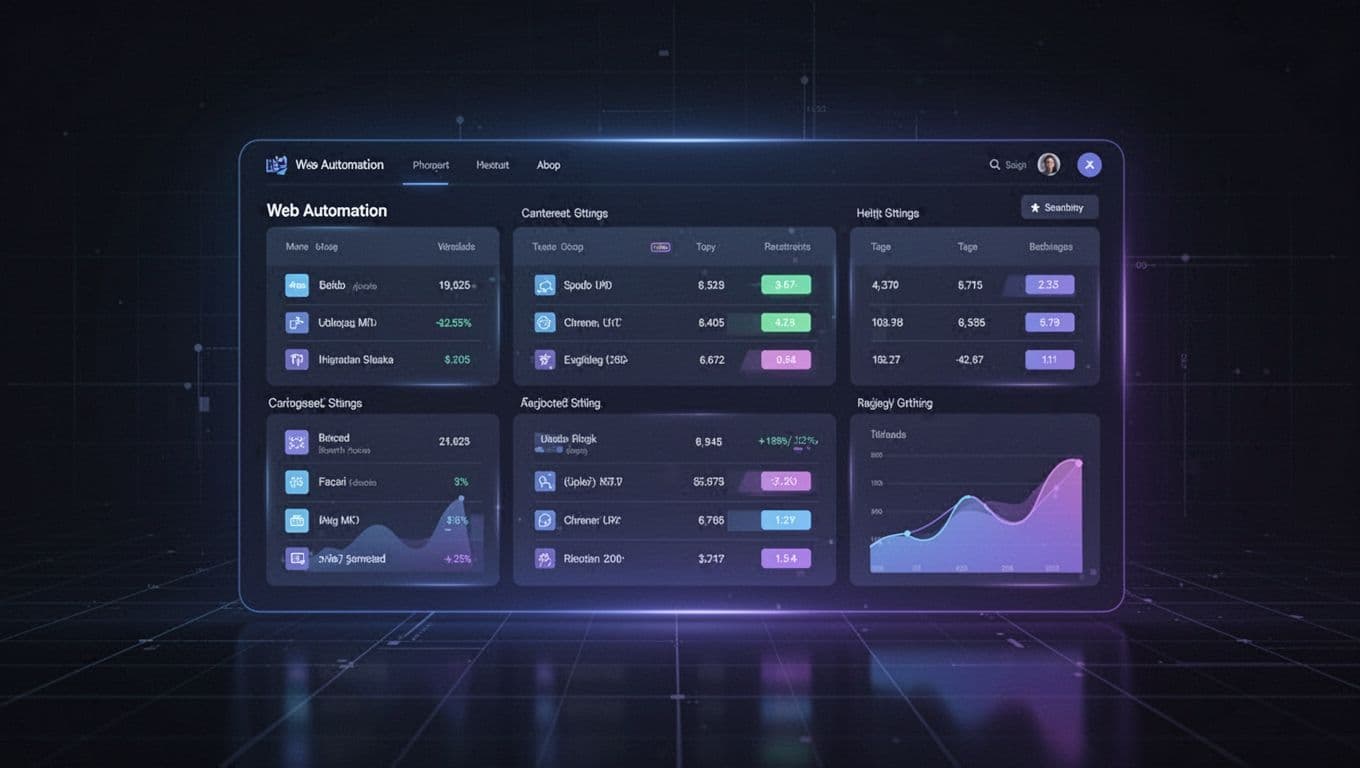 Dark dashboard showing browser panels and structured data tables with blue and violet highlights.