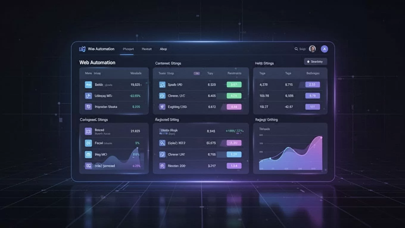 Dark dashboard showing browser panels and structured data tables with blue and violet highlights.