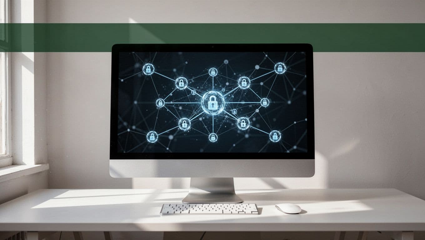 A desk with a monitor showing connected blockchain nodes beneath an Auto Workflow banner.