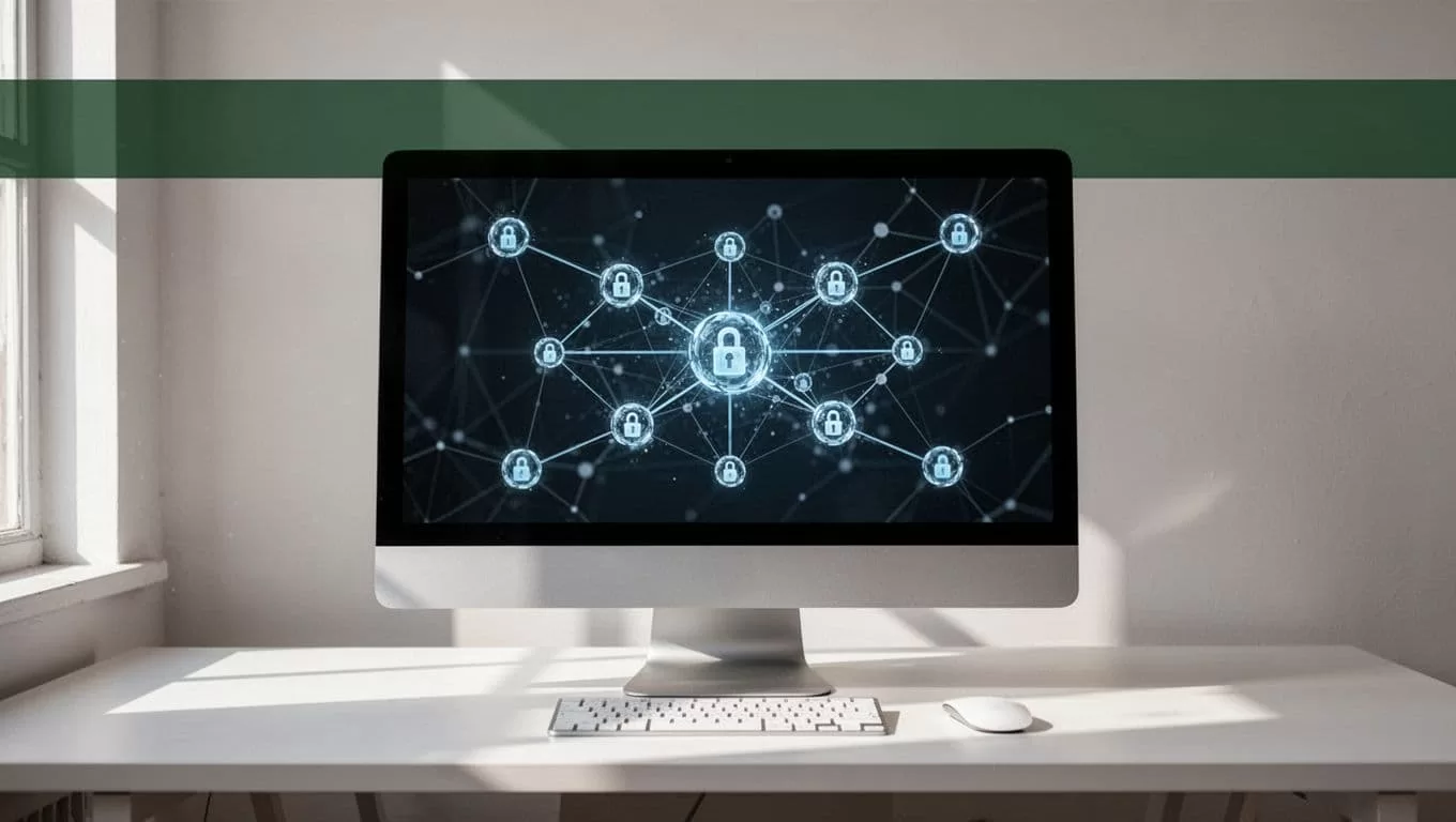 A desk with a monitor showing connected blockchain nodes beneath an Auto Workflow banner.