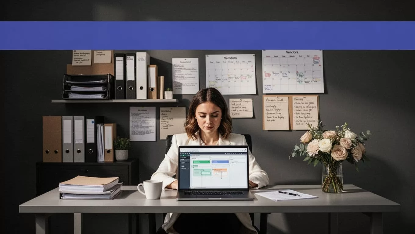 A wedding planner reviews a laptop workflow at a desk with folders and vendor notes.
