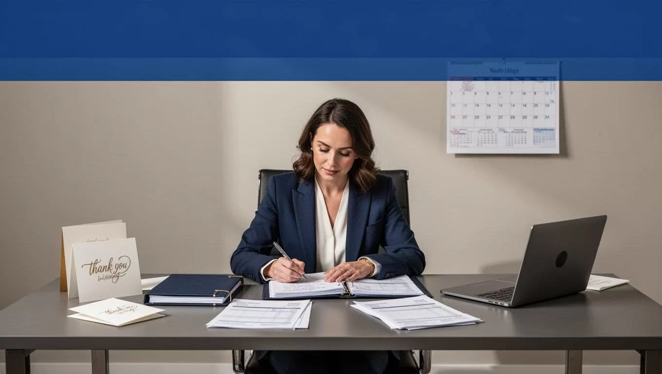 A wedding planner reviews event records beside a laptop and office papers.