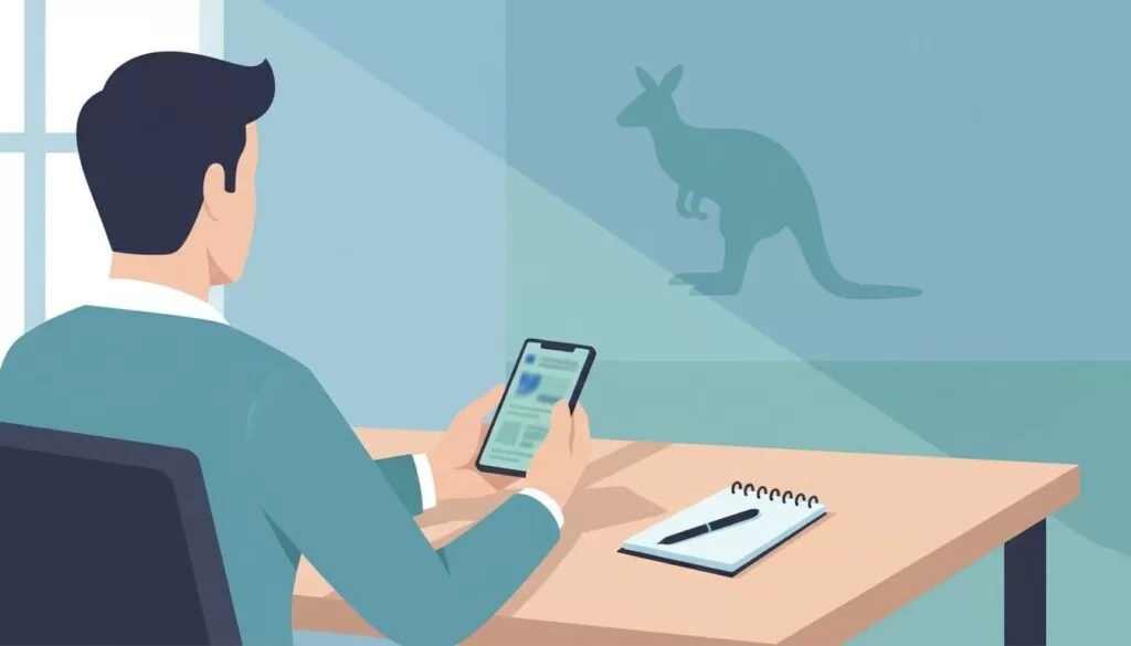 Modern illustration of one person at a desk holding a smartphone with the Wise app screen visible at a slight angle, notepad and pen nearby, subtle kangaroo silhouette in background, blue-green palette.