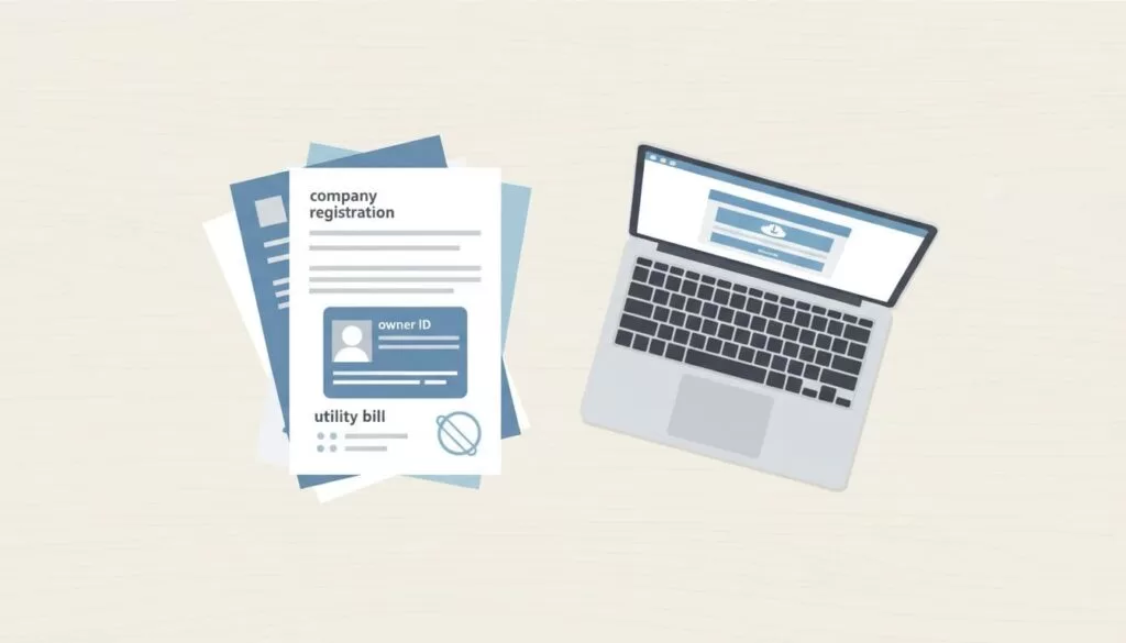 Modern top-down illustration of a stack of business verification documents including company registration, owner ID, and utility bill neatly laid out on a wooden desk beside an open laptop, using clean shapes and a soft palette of blues, grays, and whites.