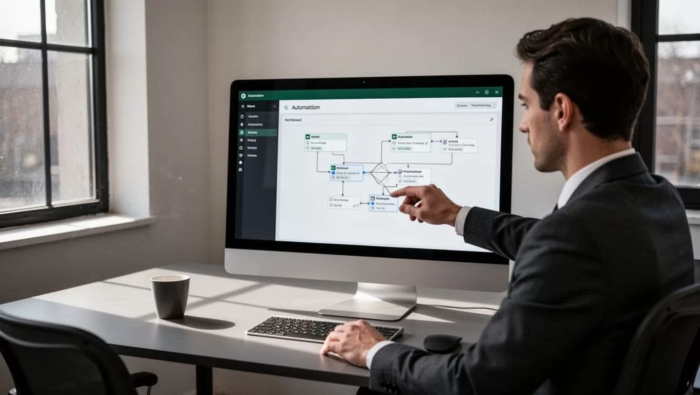 A person configures workflow alerts on a dark dashboard beneath a green banner.