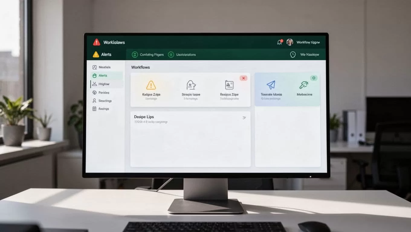 A dashboard showing alert triggers, workflow cards, and health monitoring controls.