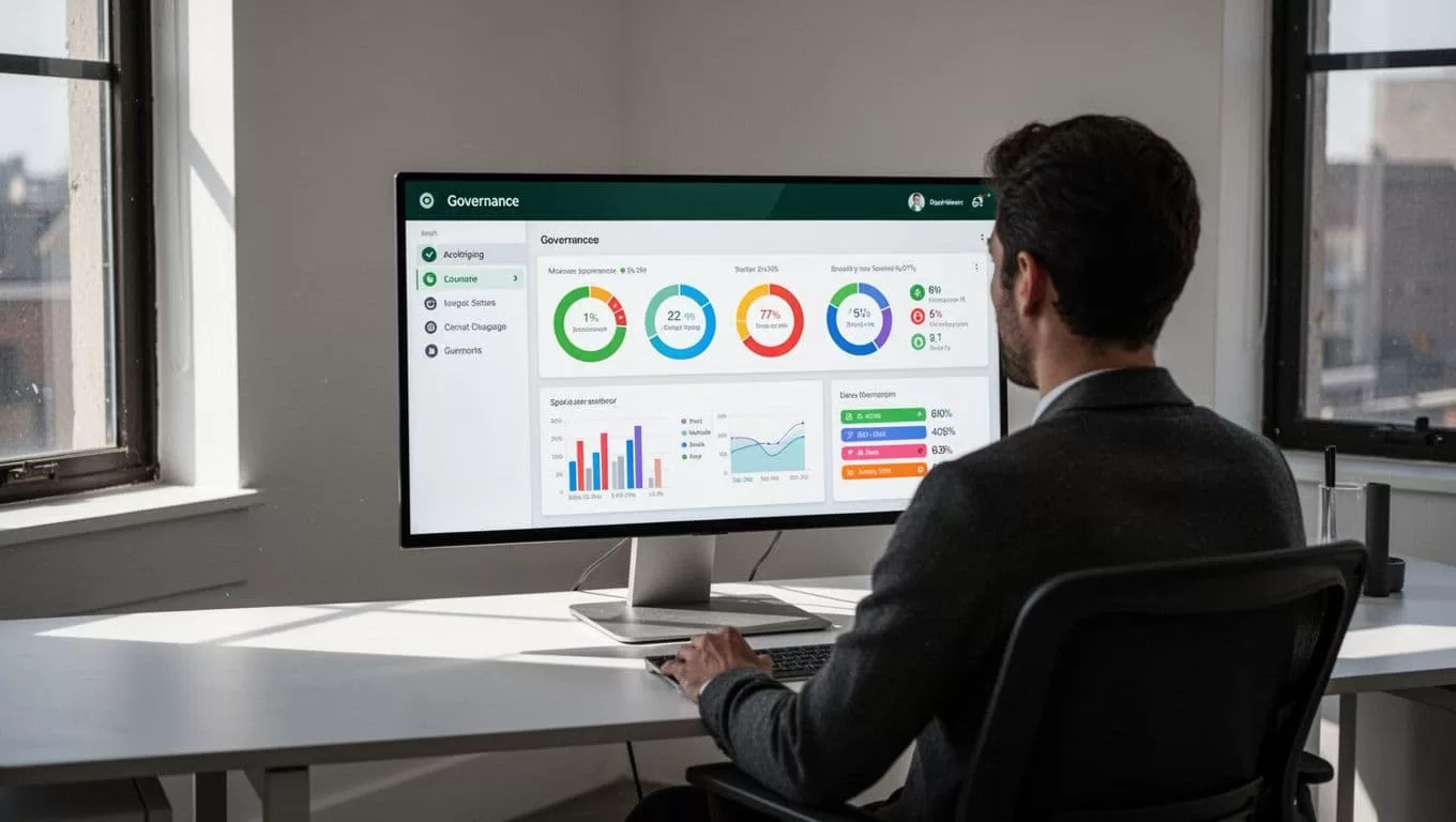 Workflow Automation headline above a DAO governance dashboard with charts and status indicators.