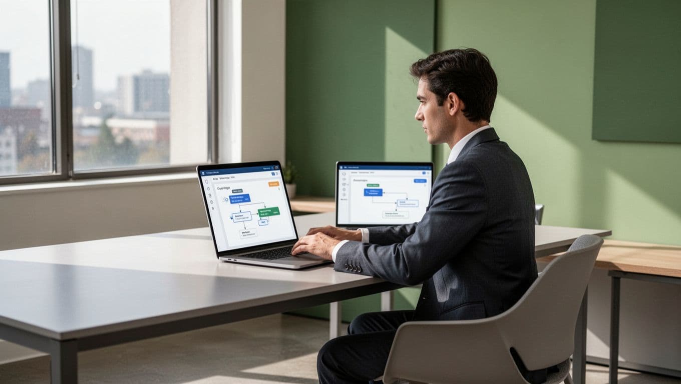 One professional views an accounting workflow dashboard on a laptop in a modern office.