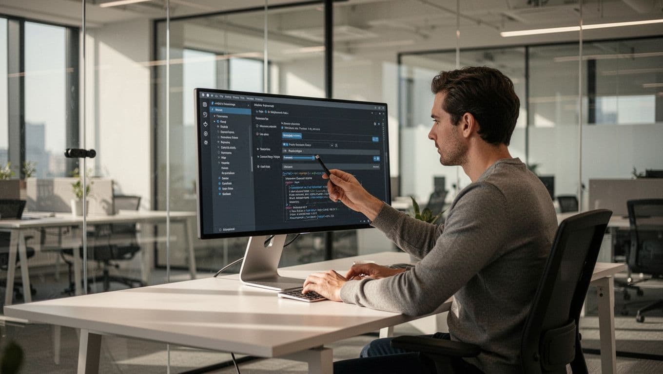 An operator configures an inventory dashboard on a computer beneath a green WORKFLOW SETUP banner.