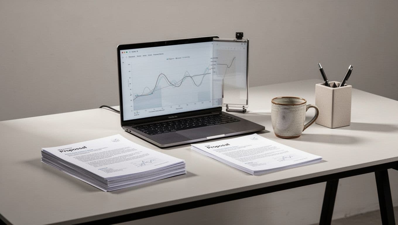Workflow Automation headline above a laptop and documents on a minimalist desk.