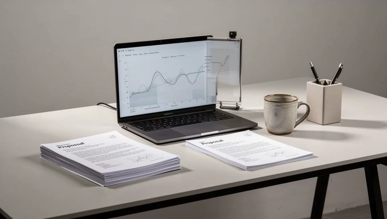 Workflow Automation headline above a laptop and documents on a minimalist desk.