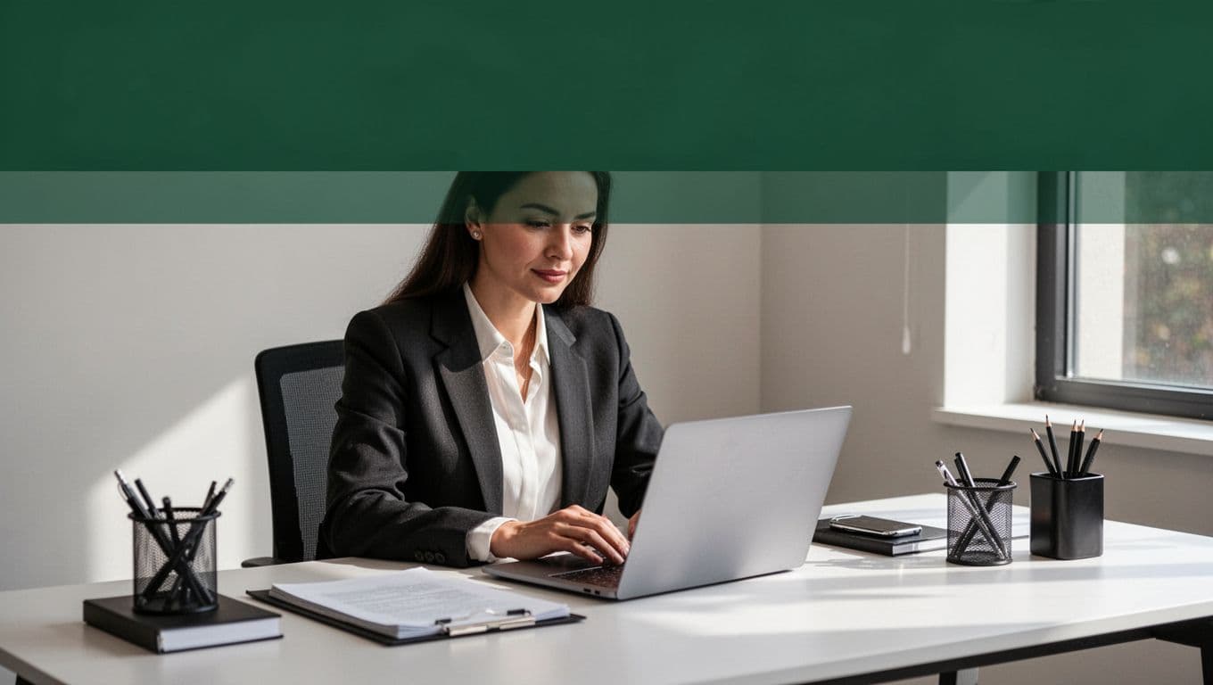 A person using a laptop at a tidy office desk beneath a green headline band.