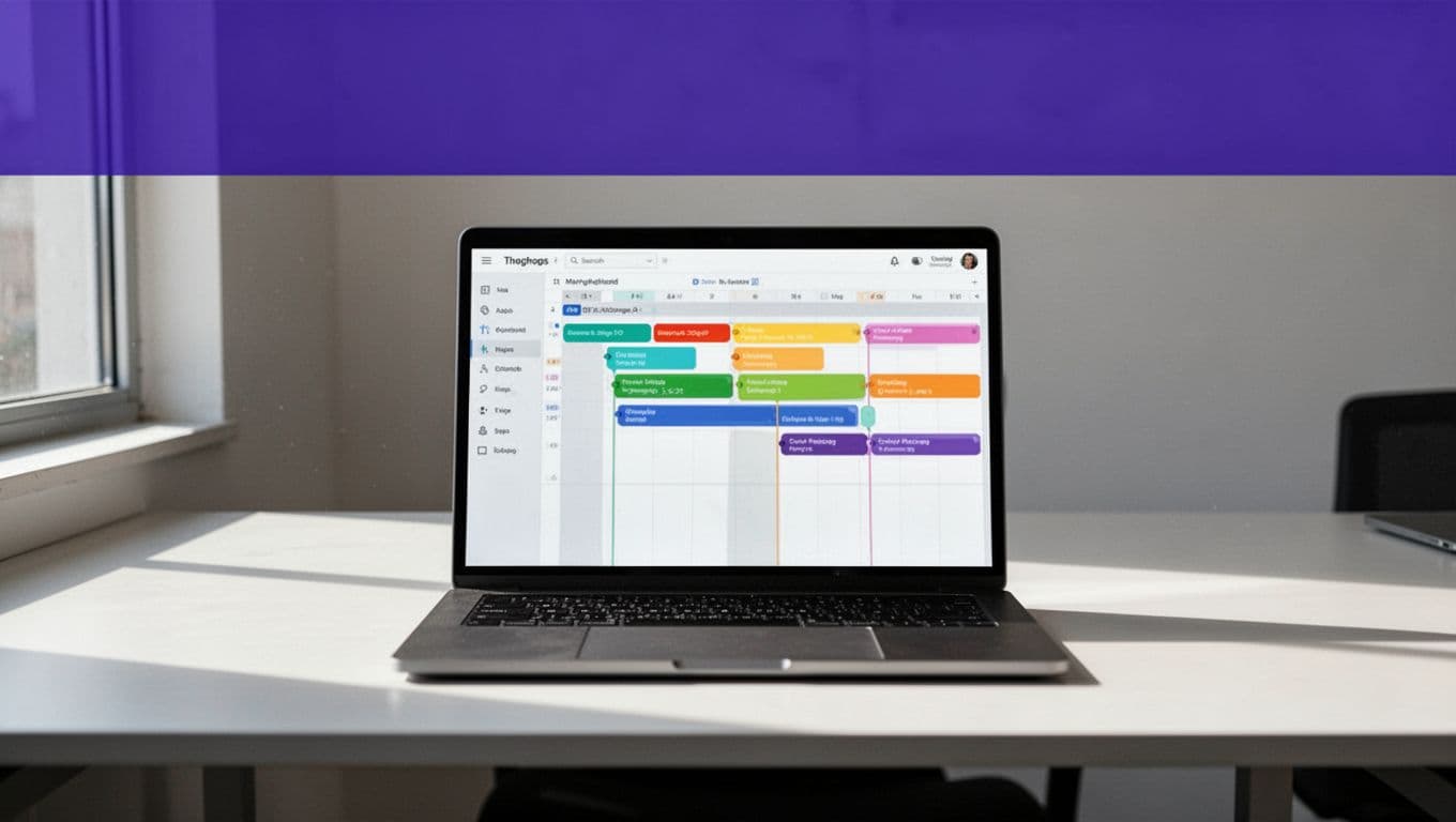 Laptop showing a workflow timeline beneath an indigo Automation banner.