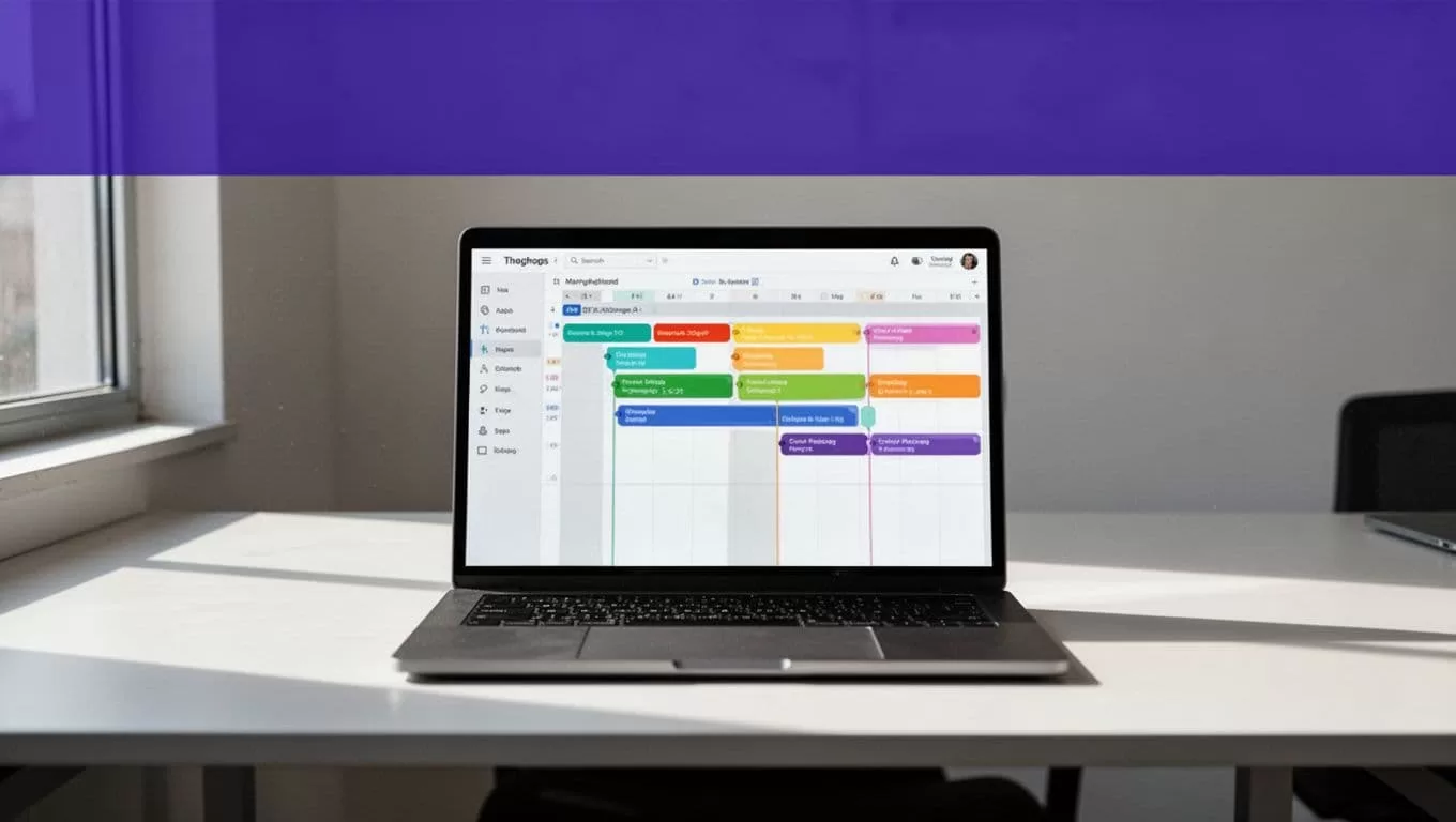 Laptop showing a workflow timeline beneath an indigo Automation banner.