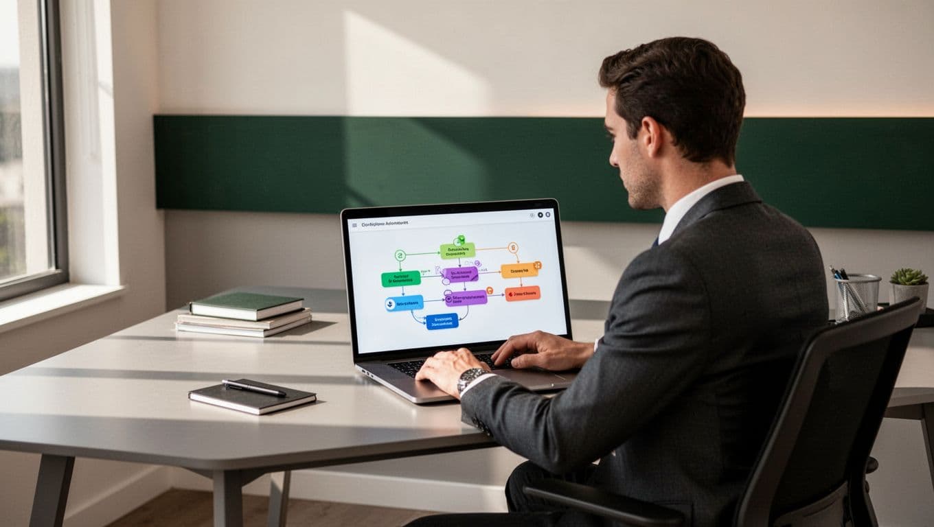 A person views an automation diagram on a laptop beneath a dark-green Workflow Triggers banner.