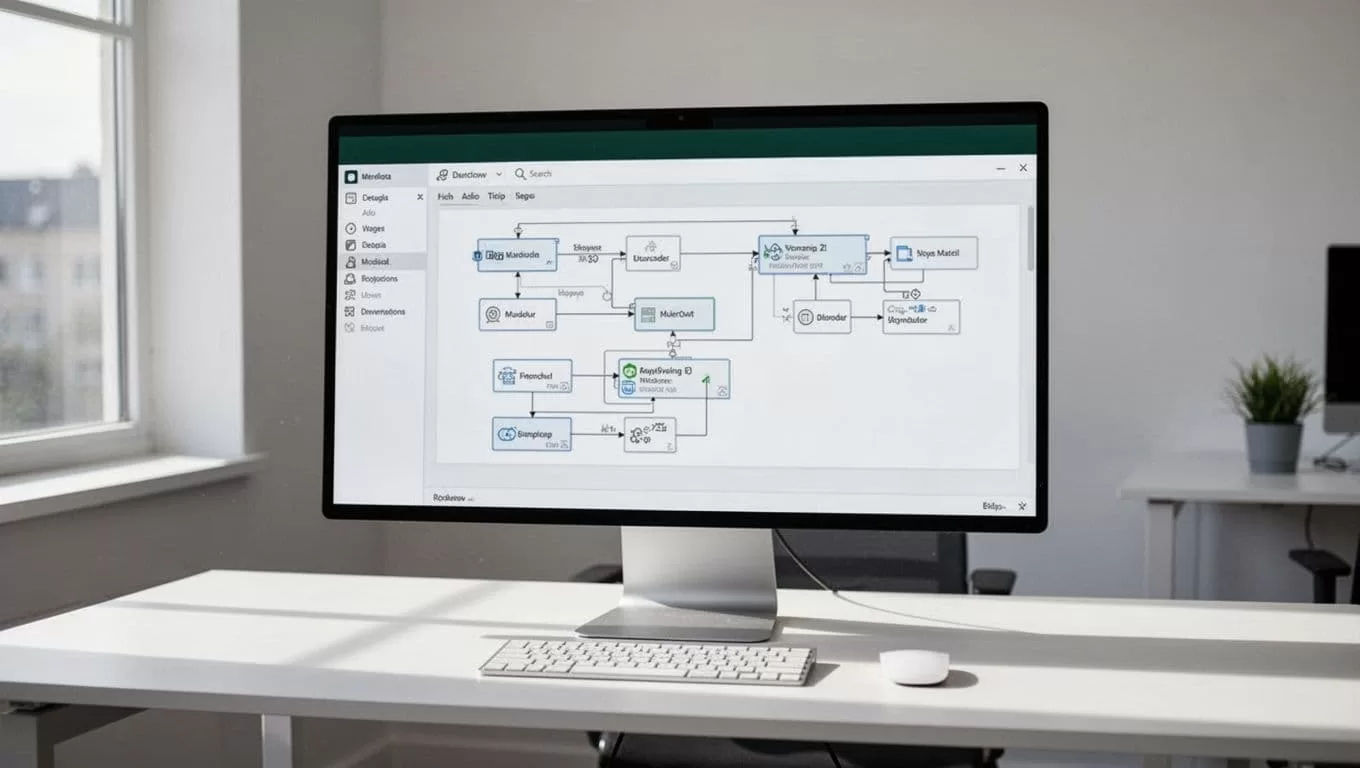 Workflow charts and database connections appear beneath a dark-green WORKFLOWS header.