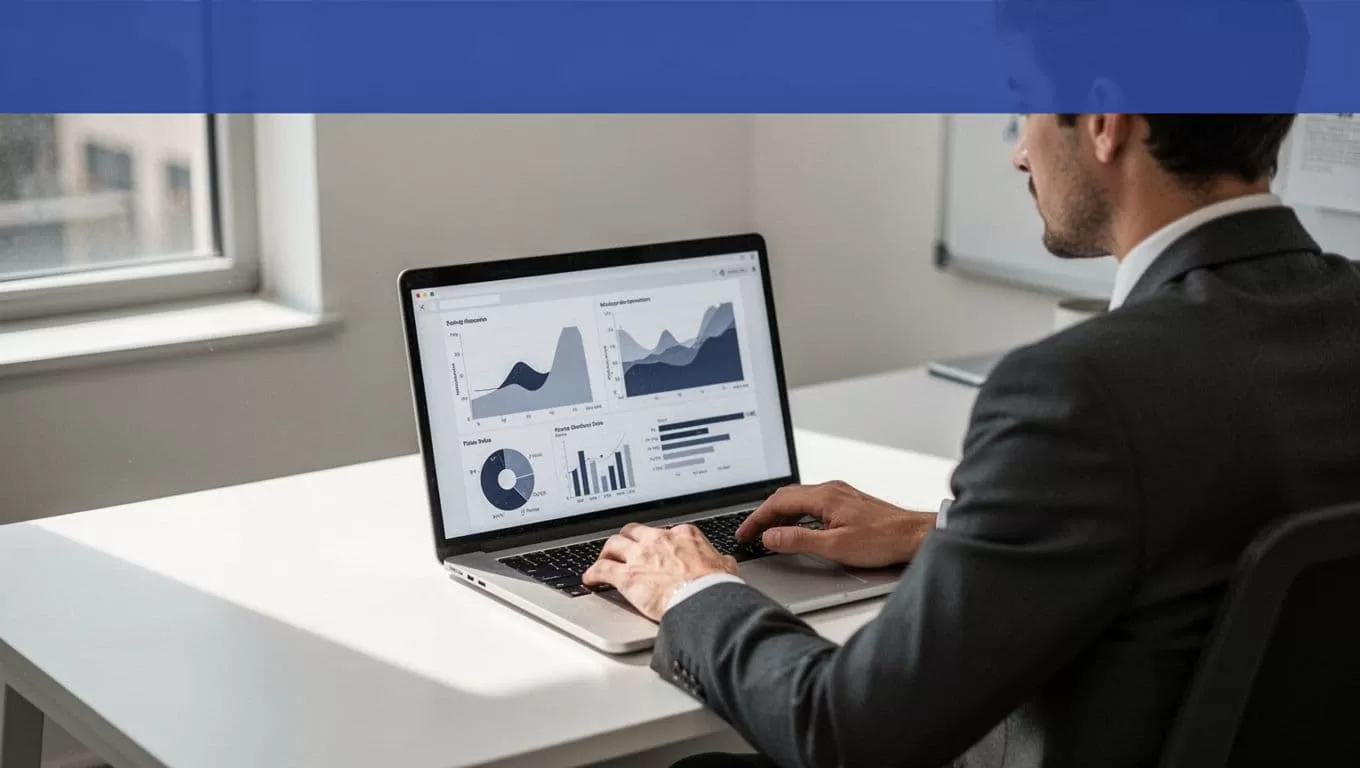 One person works at a desk beneath a Workflow Scale banner, with charts on a laptop.