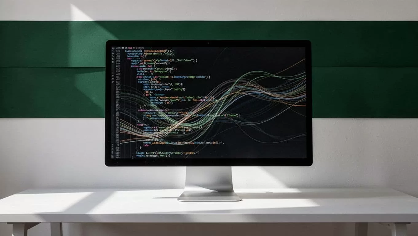 Minimal desk with a computer showing code beneath a dark-green Workflow Setup headline.