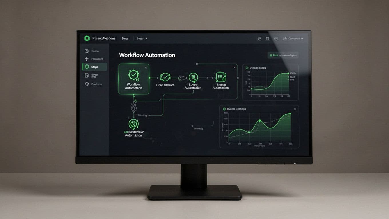 Dark monitor showing connected workflow steps under a green Workflow Setup banner.