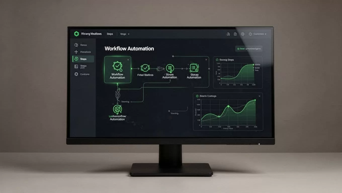 Dark monitor showing connected workflow steps under a green Workflow Setup banner.