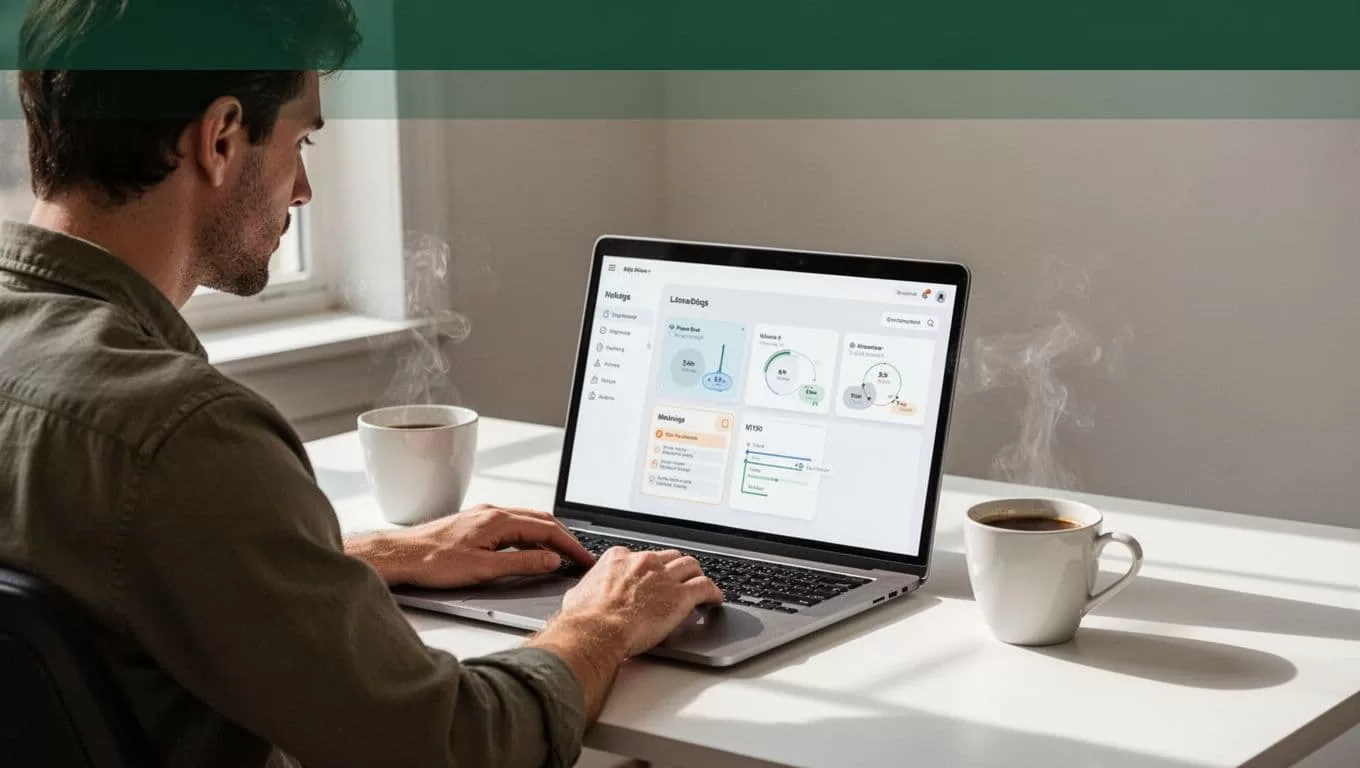 A person works at a laptop beside coffee under a dark-green Workflow Setup banner.