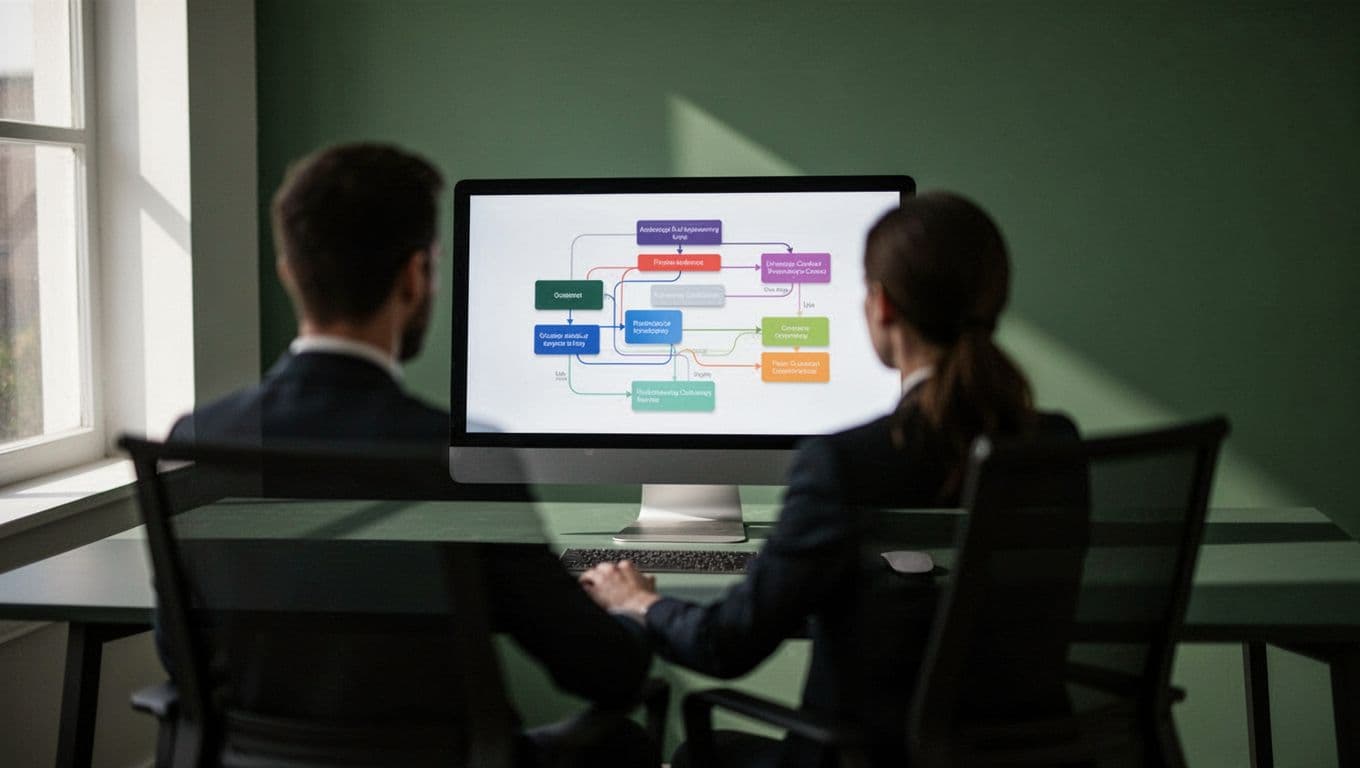 A monitor shows image workflows on a modern desk with a blurred person nearby.