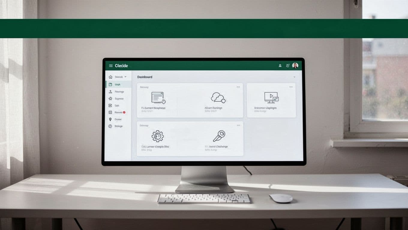 A dark-green header sits above a simple software dashboard wireframe on a desk.