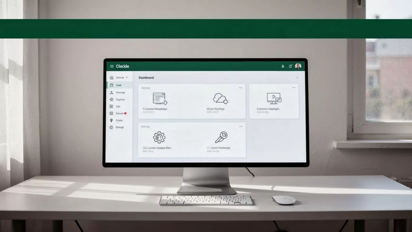 A dark-green header sits above a simple software dashboard wireframe on a desk.