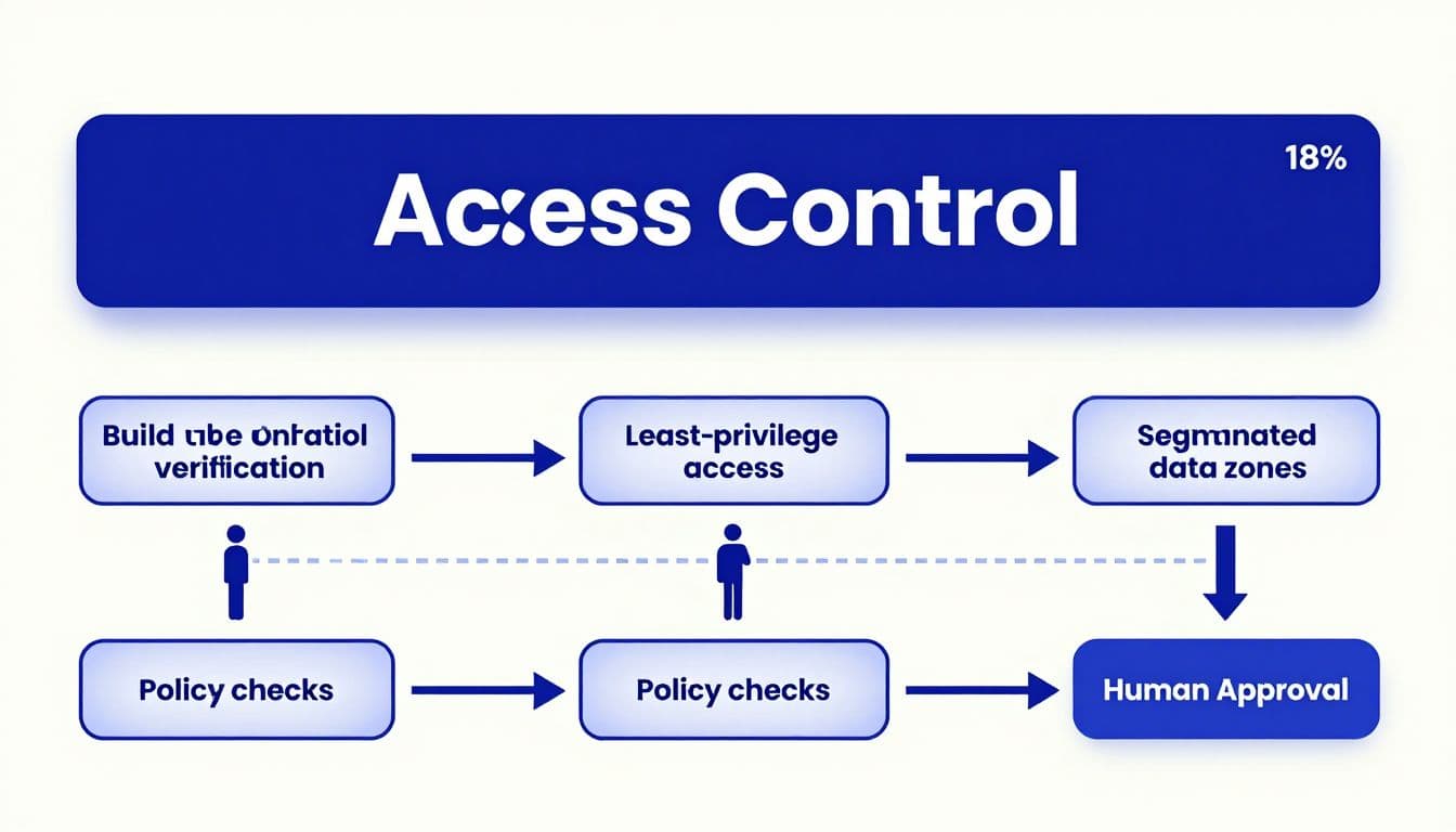 A security workflow shows identity checks, restricted access, data zones, policy checks, and human approval.