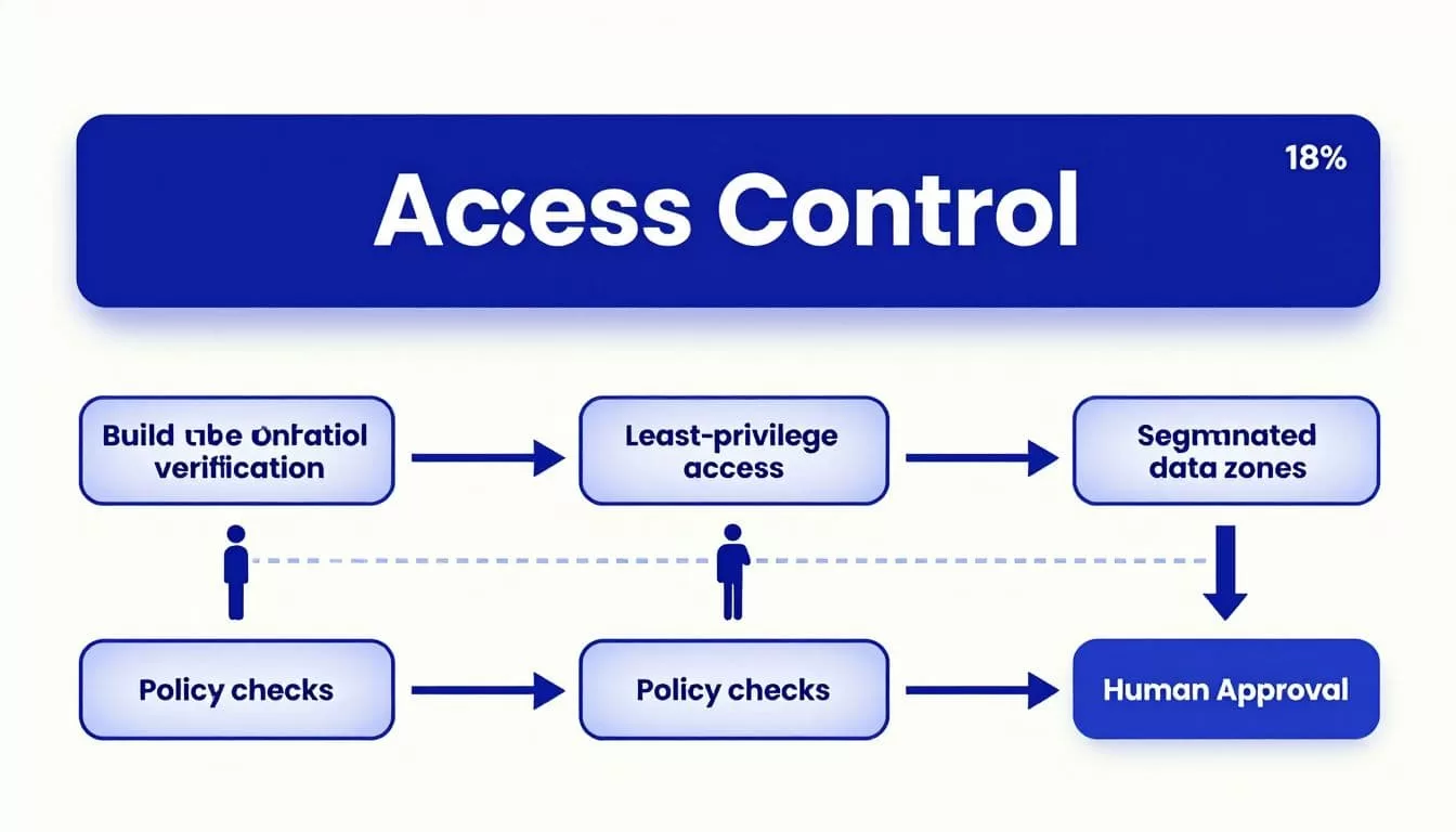 A security workflow shows identity checks, restricted access, data zones, policy checks, and human approval.