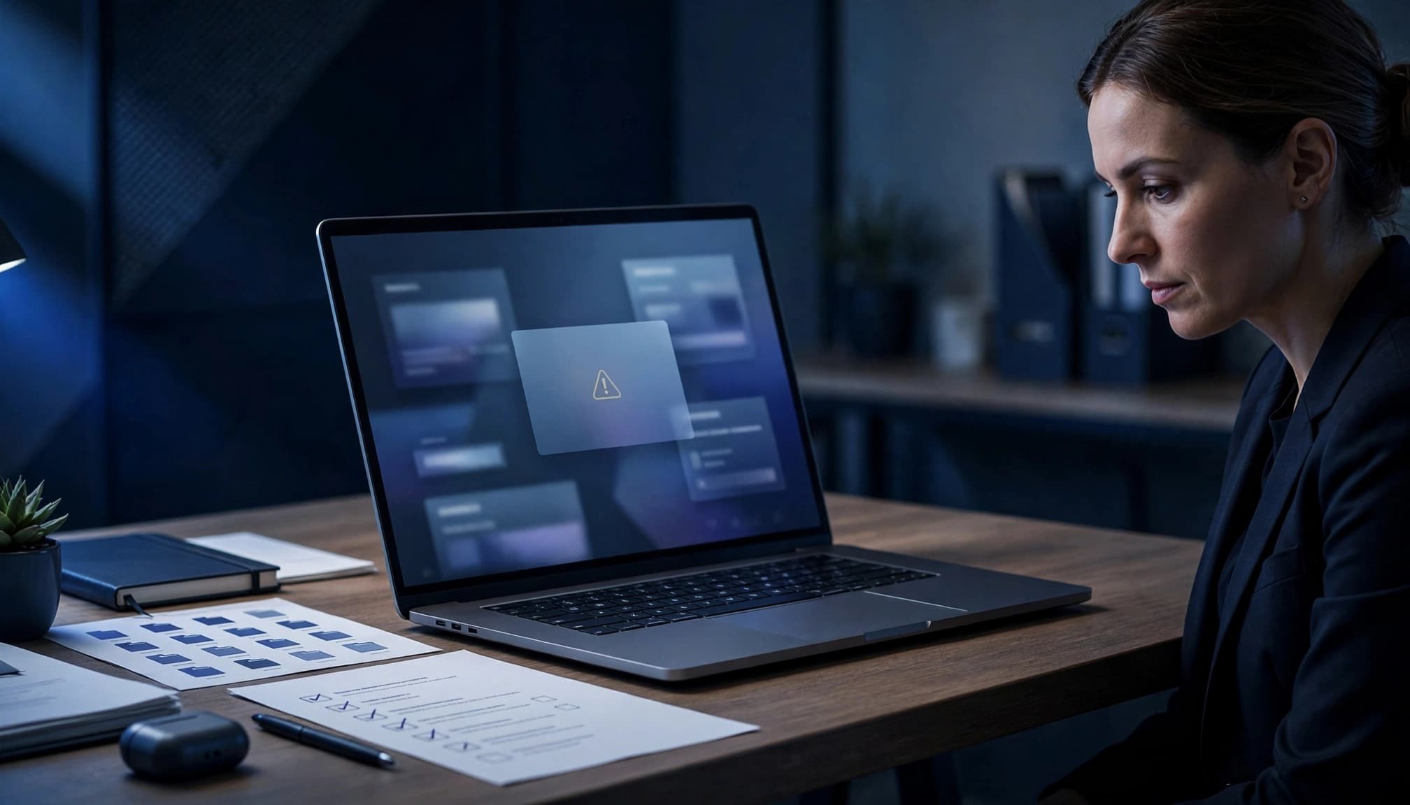 A manager reviews an access warning on a laptop beside a checklist and file thumbnails.