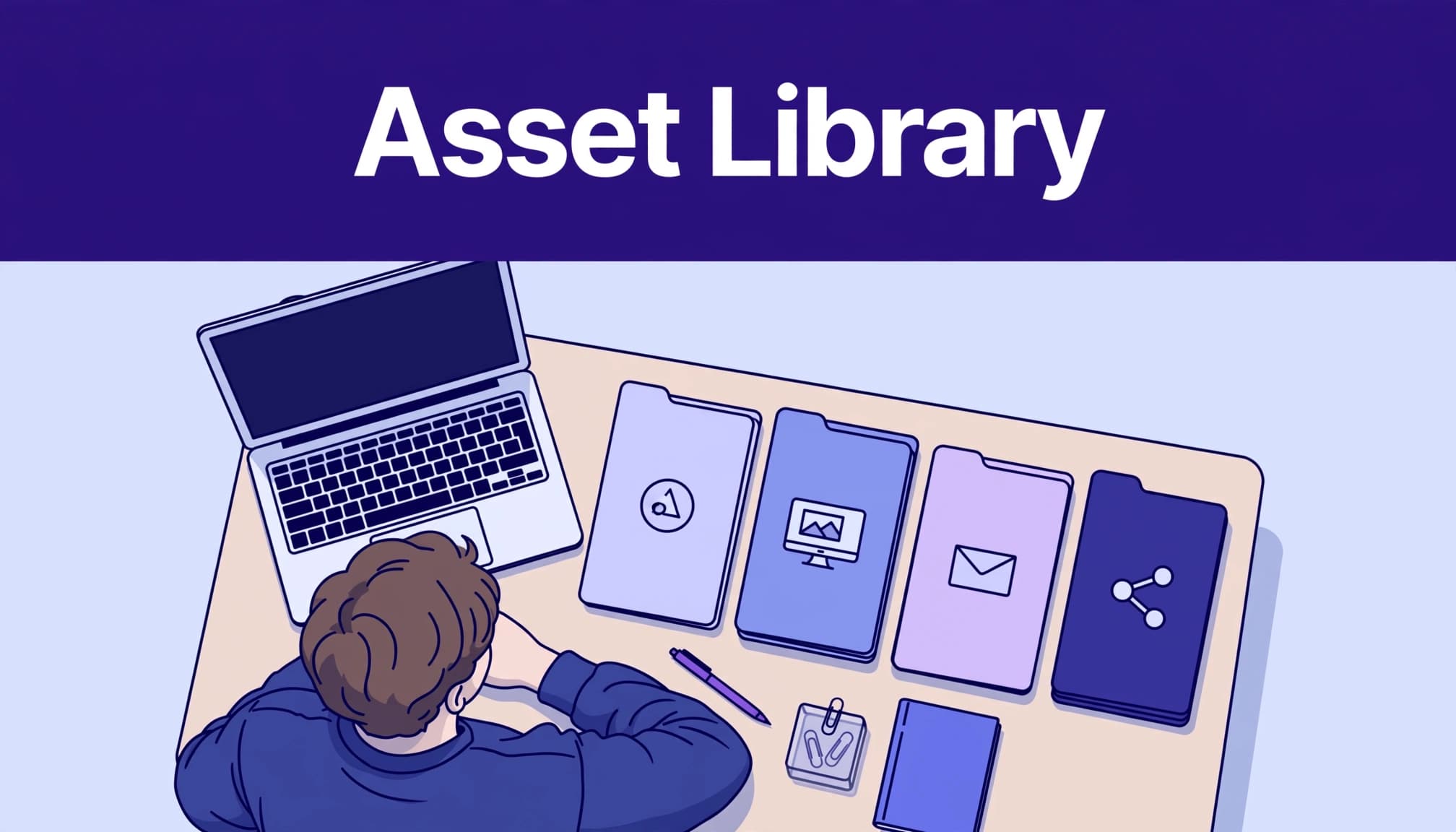 A person organizes a laptop and asset cards beneath a blue-purple banner.
