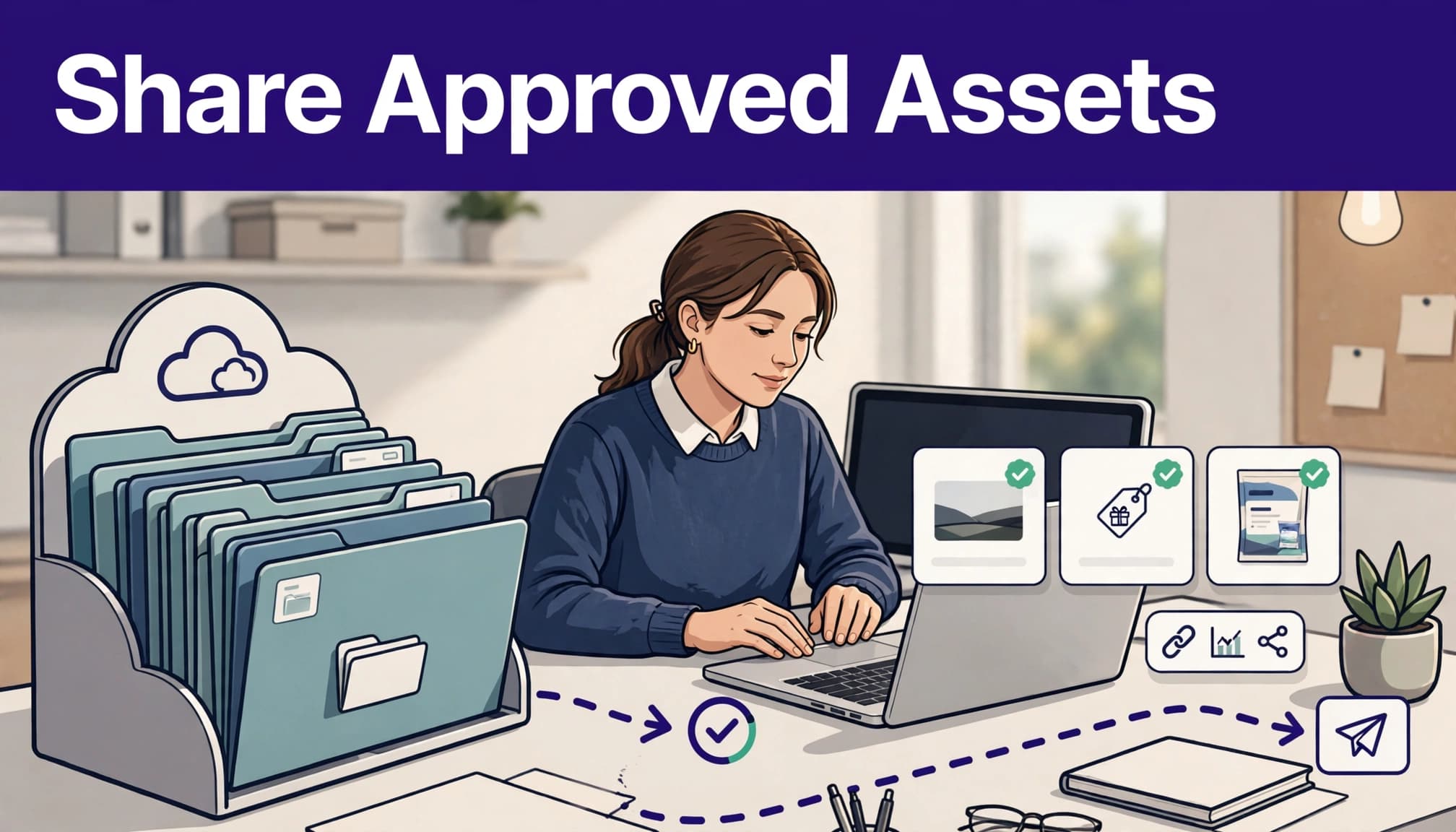 A partner manager reviews approved assets and tracking links beside a laptop.