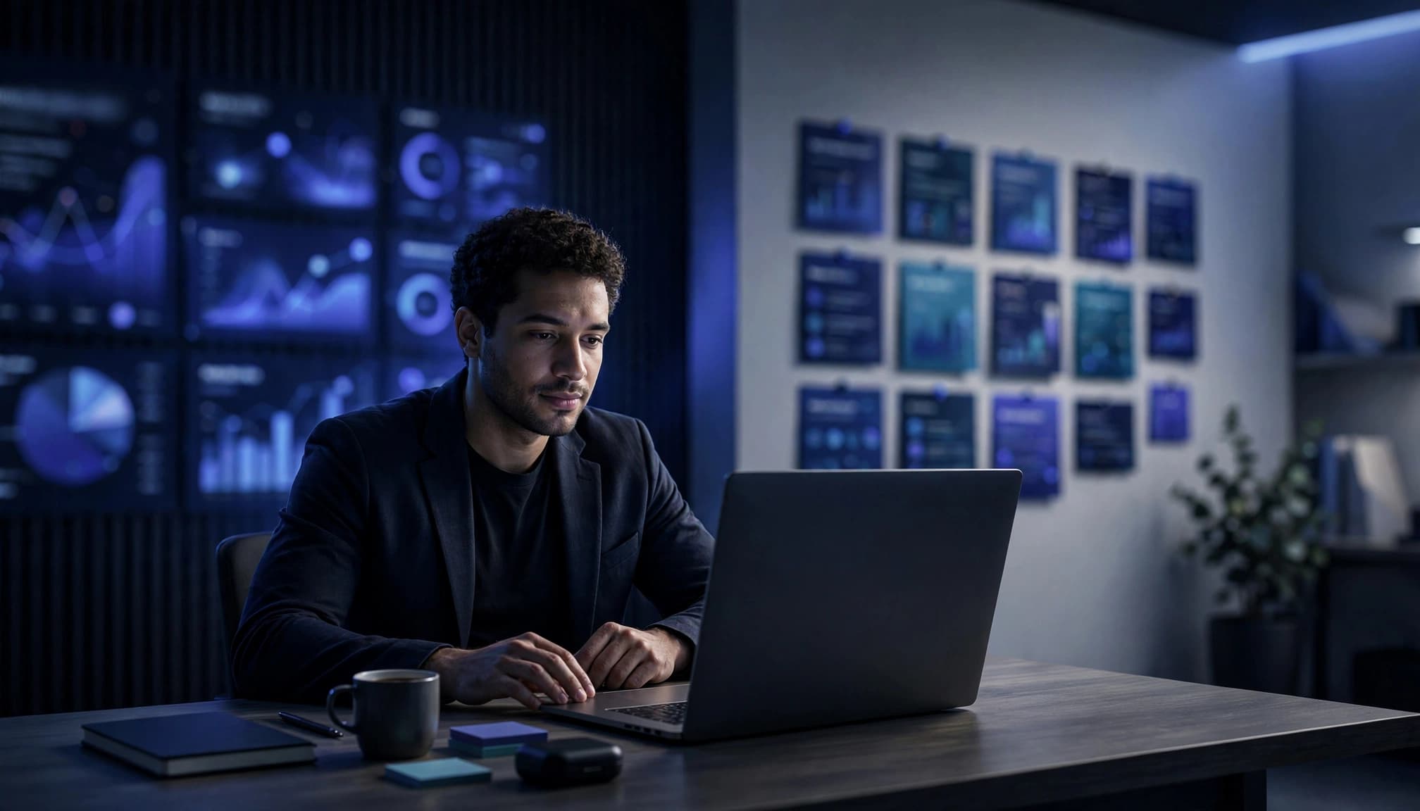 A partnership manager reviews campaign data and promotional materials on a laptop.