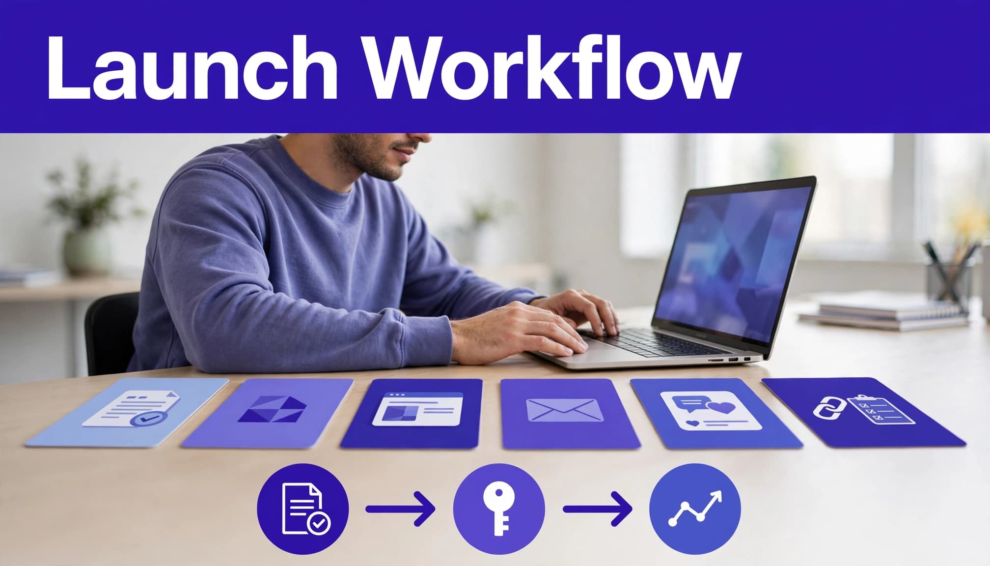 A founder reviews connected affiliate workflow stages beside an open laptop.