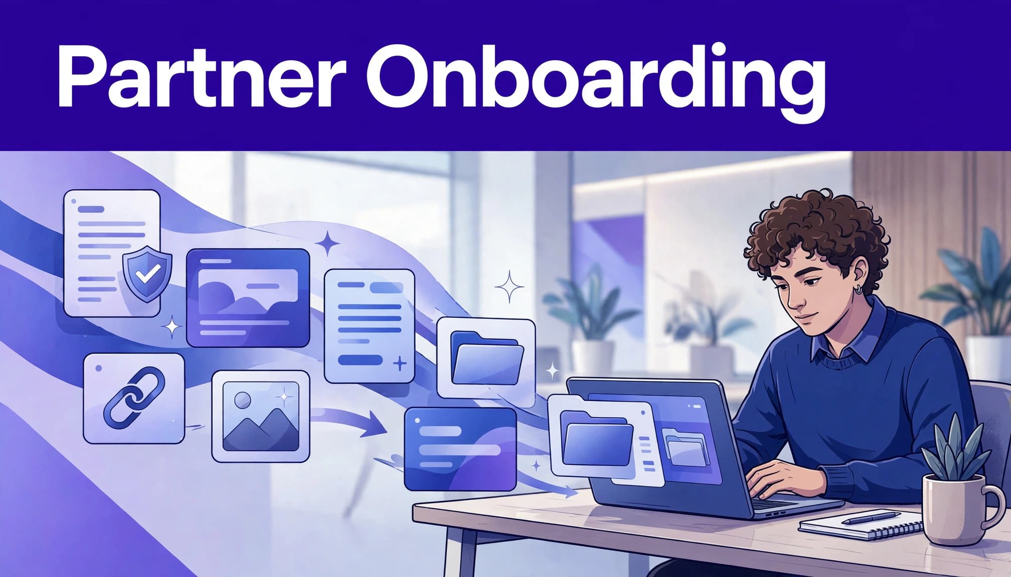 One affiliate reviews shared marketing assets on a laptop as referral links flow toward them.