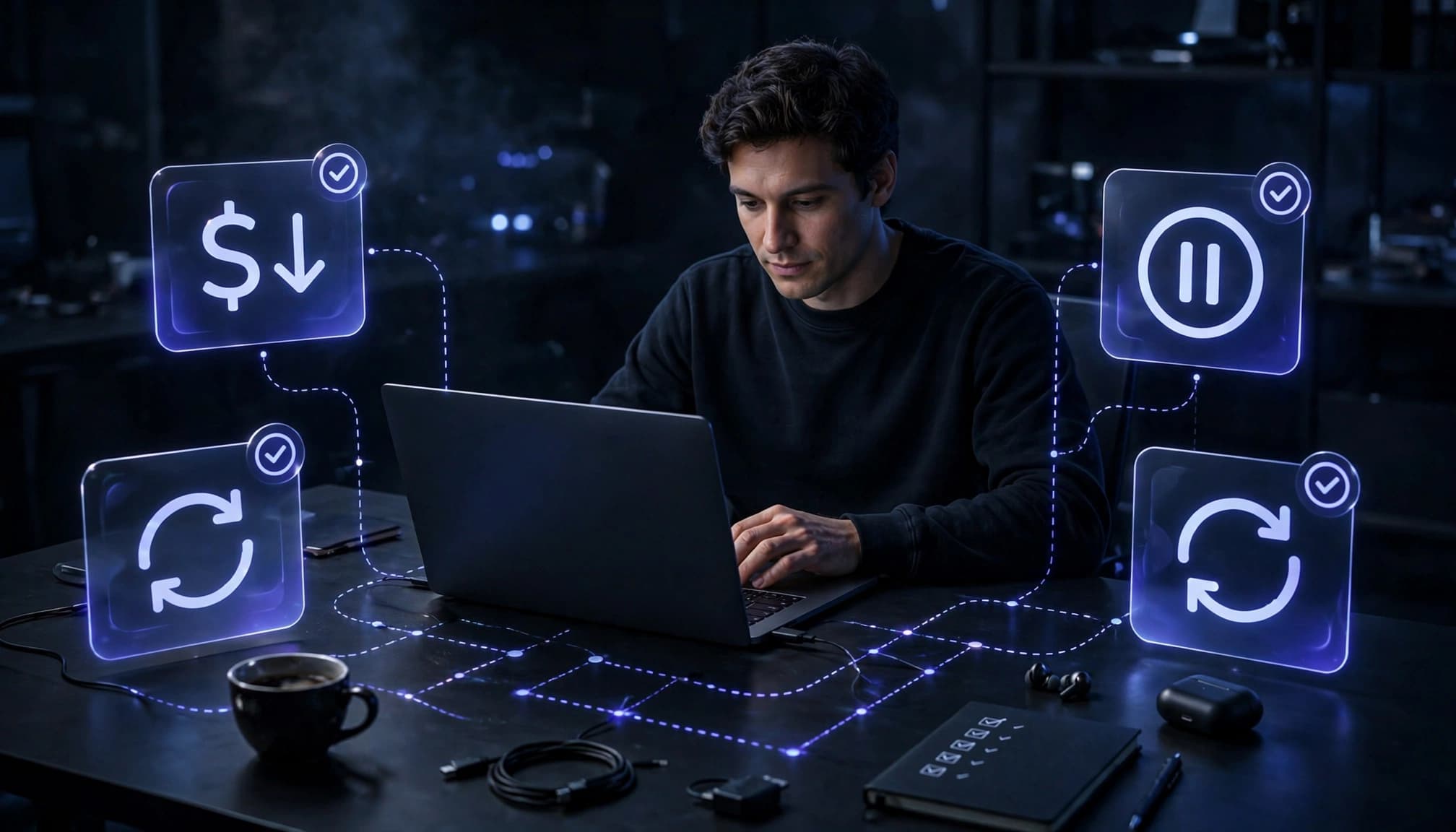 An operator tests affiliate payment events on a laptop at a dark desk.