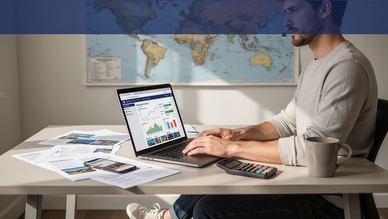 A travel website owner checks a laptop beside notes, a phone, and calculator.