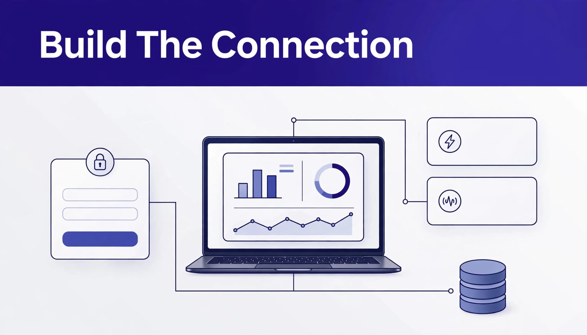 Laptop dashboard linked to login, webhook, and database elements in a clean SaaS workspace.