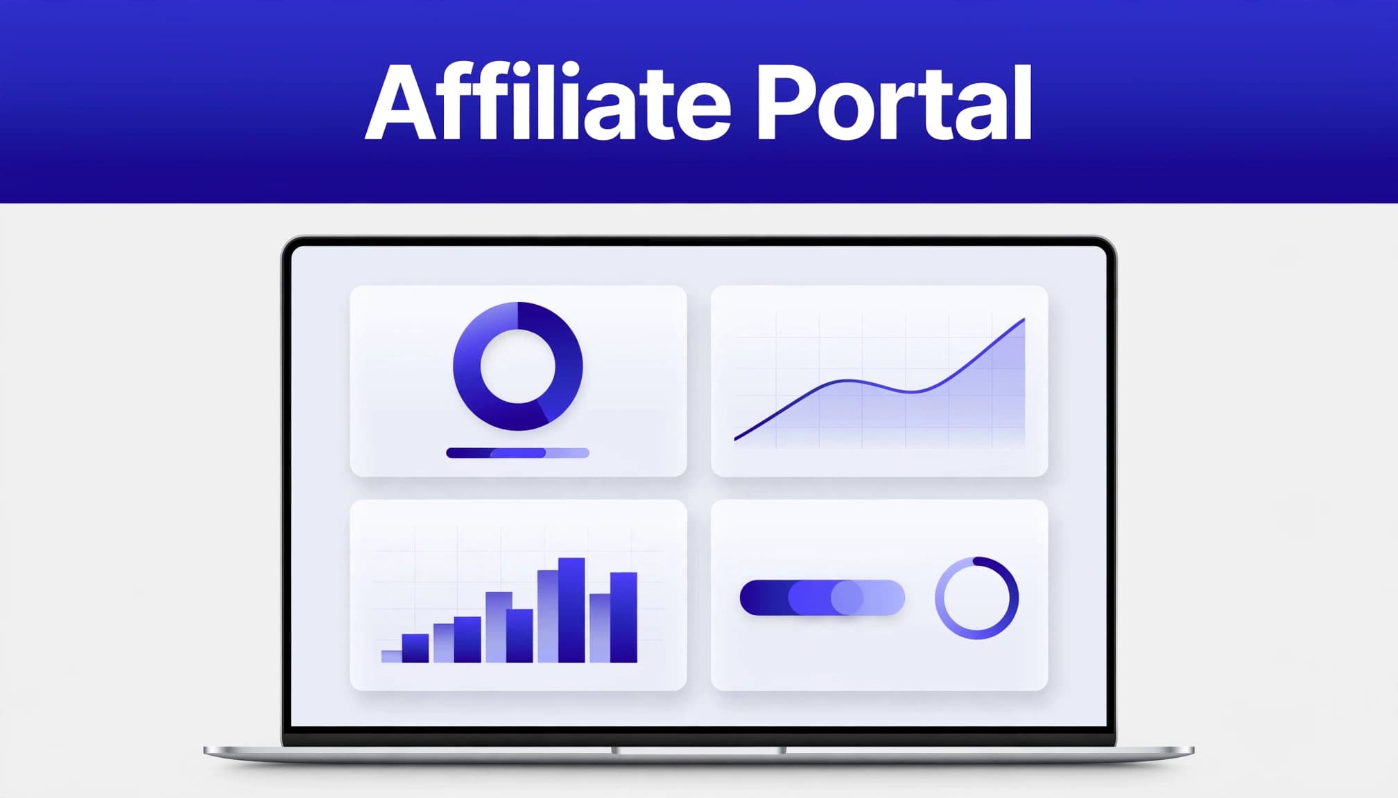 Laptop showing an affiliate dashboard with commissions, referrals, conversions, and payouts.