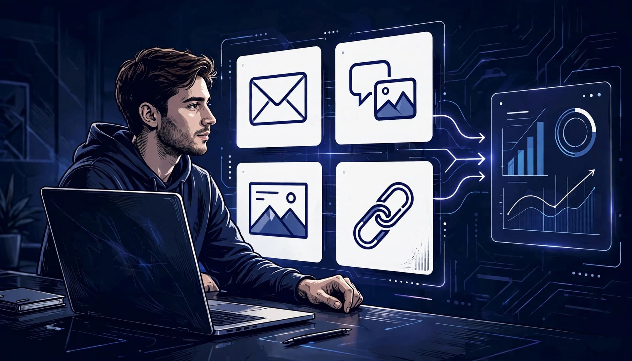 An affiliate organizes referral assets beside a laptop and tracking panel.