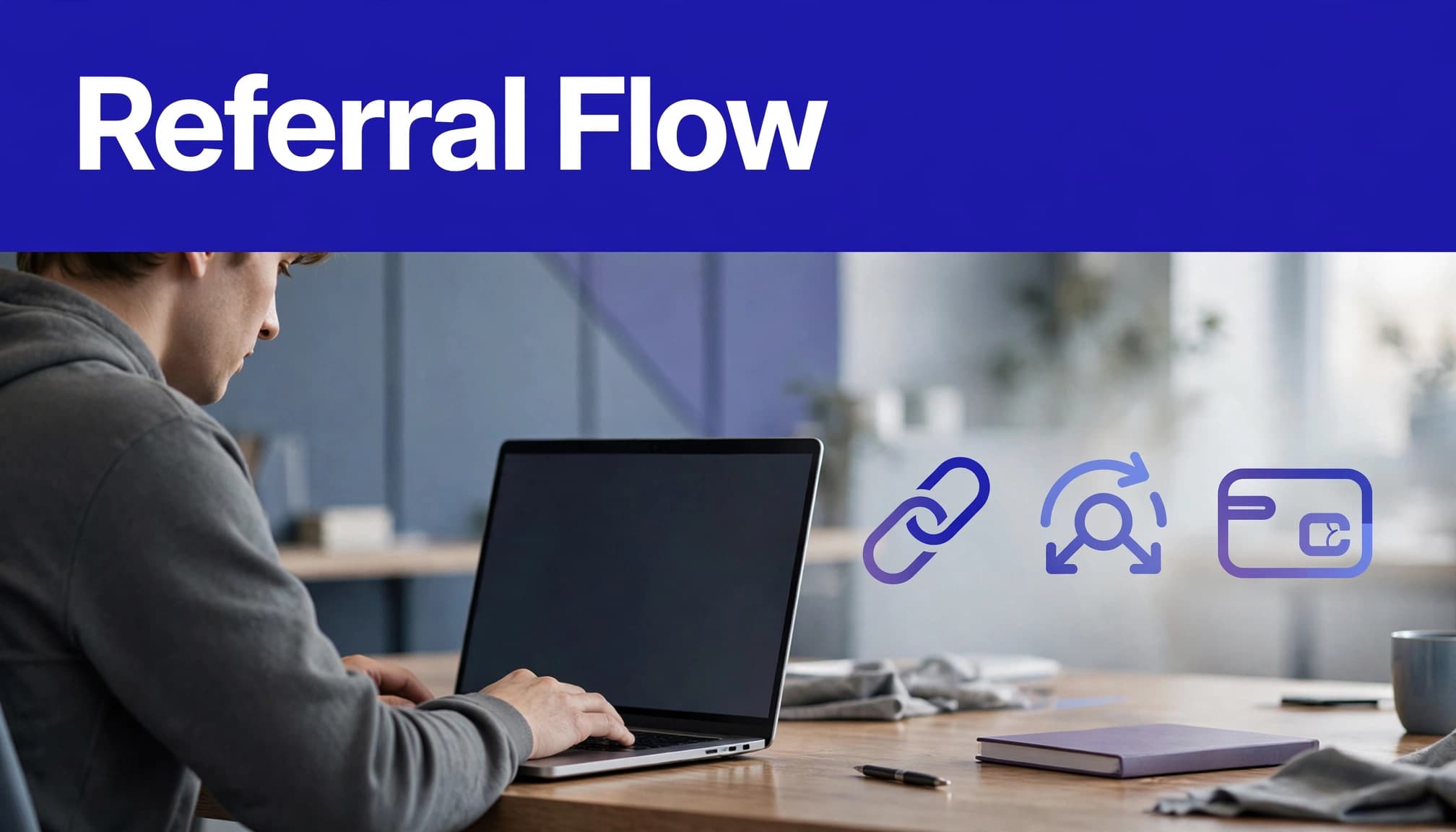 Developer configuring a referral flow on a laptop with abstract link and payment symbols.