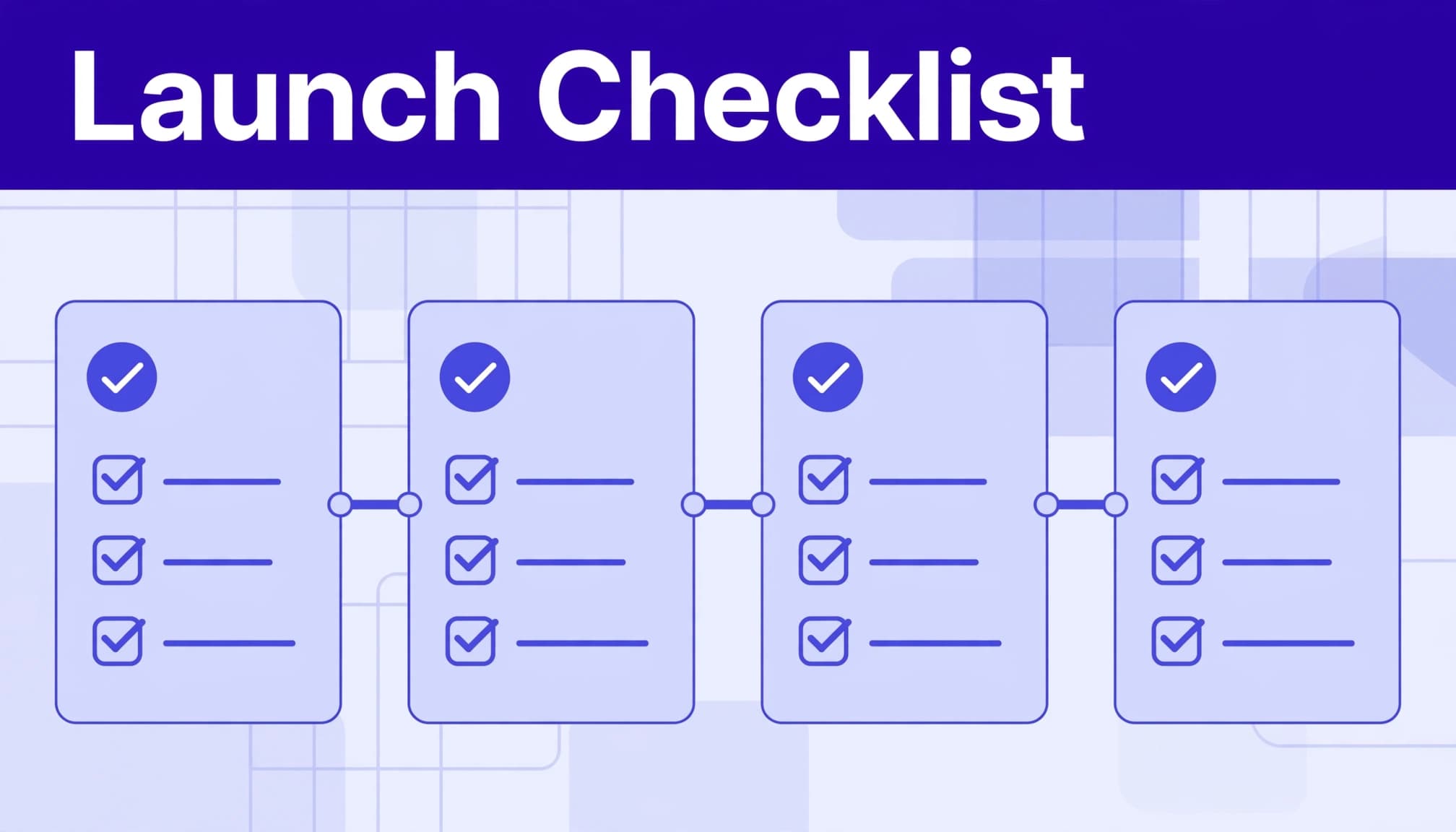 A blue-purple launch checklist banner sits above connected SaaS workflow cards.